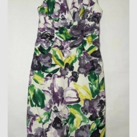 Adrianna Papell Dress 6 Medium Purple Floral Dress Sleeveless Ruched Sheath Text - Picture 9 of 9